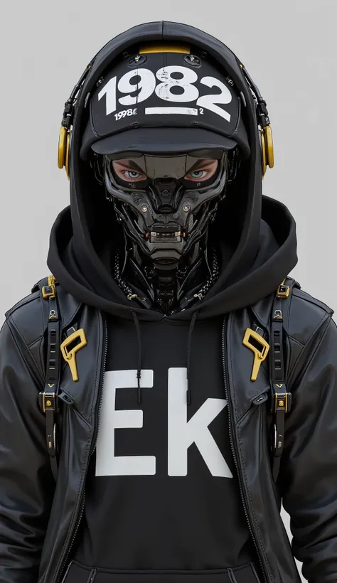 Cyberpunk robot, 2d, cartoonized, close-up, stylized figure with a futuristic, mechanical head, wearing a black hoodie & t-shirt with text "Ek" in large, bold white letters, headwear with text "1982" in bold white letters on black background, metallic face...