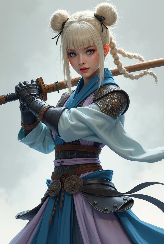 Asian/scandinavian character. Female. Blonde hair, in twin buns and braids,bangs.. Bright blue eyes. Slim. Athletic. Anatomically Correct,  wearing, asian styled clothing, gray, lavender, sky blue. Armoured, mid section, shoulders, forearms.no jewelry. Car...