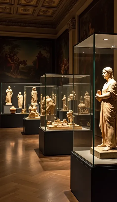 "A detailed and captivating scene inside the Louvre Museum showcasing a variety of priceless artifacts displayed in glass cases. The artifacts include ancient sculptures, pottery, and historical relics from different civilizations, such as Egyptian, Greek,...