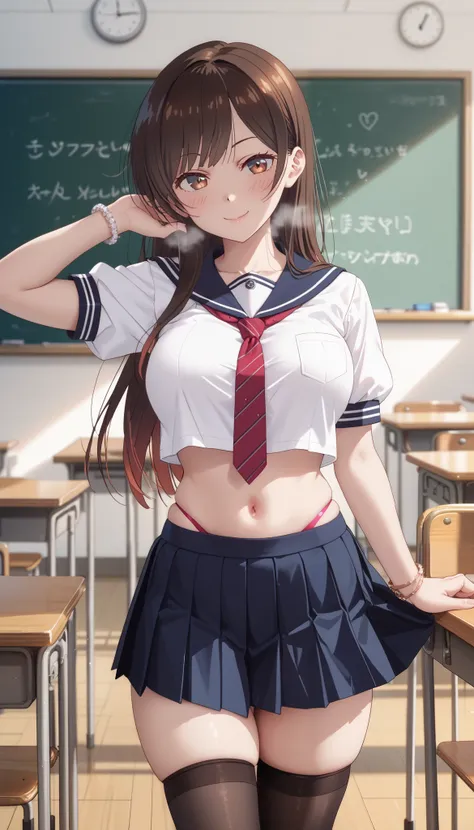chizuru ichinose, side tie up, masterpiece, best quality, highres, chi1, 1girl, long hair, solo, bracelet, bangs, 1girl, solo, skirt, chalkboard, breasts, school_uniform, thighhighs, navel, crop_top, large_breasts, smile, long_hair, looking_at_viewer, sera...
