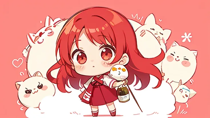 cute design,  the most beautiful girl I've ever seen、 chibi,デフォルメcute design, ,Long hair that goes up to the waist,Red wine red hair so red strawsﾄの腰までの chibiキャラ　１Man is a boy of　The background is a cute pastel color