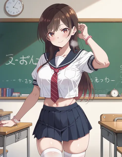 chizuru ichinose, side tie up, masterpiece, best quality, highres, chi1, 1girl, long hair, solo, bracelet, bangs, 1girl, solo, skirt, chalkboard, breasts, school_uniform, thighhighs, navel, crop_top, large_breasts, smile, long_hair, looking_at_viewer, sera...