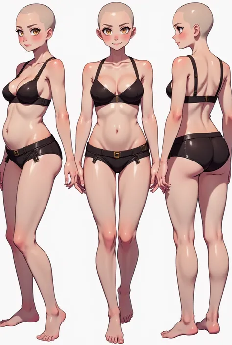  3 IMAGES AT DIFFERENT ANGLES (FRONT, SIDE AND BACK) ,  model sheet .  full body ,  a captivating and sensual figure, bald. yellow eyes that look like amber,  Her toned and slender physique exudes indecency and perversion , small breasts. clothes:  She usu...