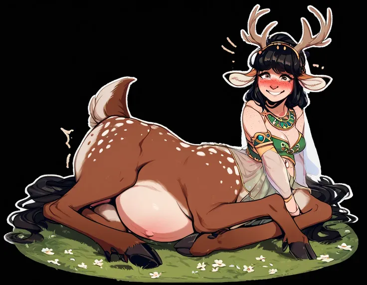 pregnant deer centaur prostitute, resting pose, on ground, score_9, score_8_up, score_7_up, score_6_up, 1girl, solo, nervous smile, cradling pregnant belly, small pregnancy bump, early pregnancy, red-head, freckles, pale skin, deer antlers, hooves, centaur...