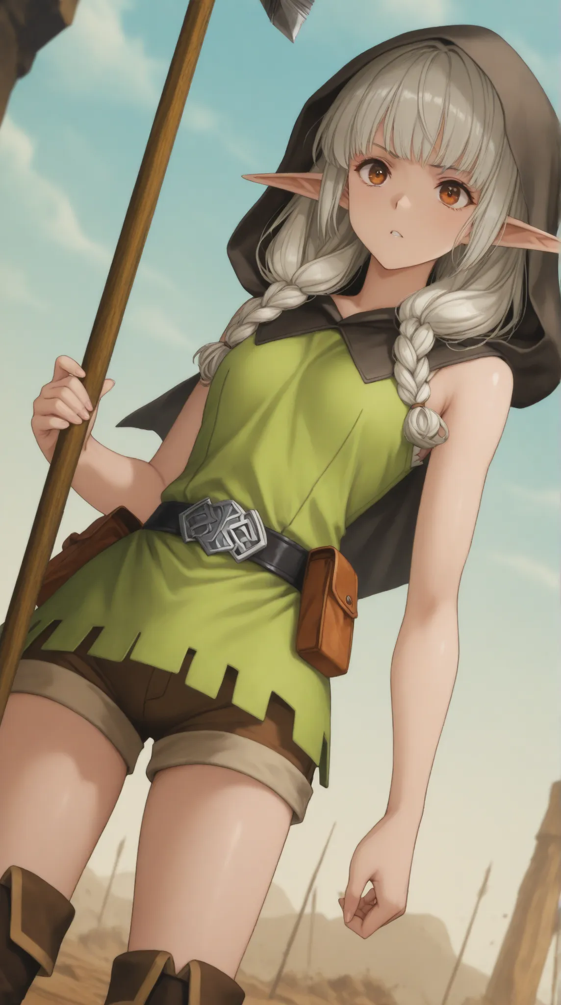 (masterpiece:1.2, best quality, amazing quality, very aesthetic, high resolution, ultra-detailed, absurdres, newest, Anime screencap, highly detailed, high quality, Intricate,), (1woman\elf:1.3\Dragon's Crown:1.3\hood\Light green sleeveless dress\Shorts\Lo...