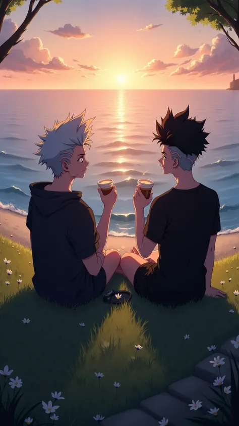 "An atmospheric anime-style illustration of two young men sitting together on a grassy shore, overlooking the calm ocean as the sun sets. One has silver-white hair and wears a black hoodie, while the other has dark tousled hair and wears a black t-shirt. B...