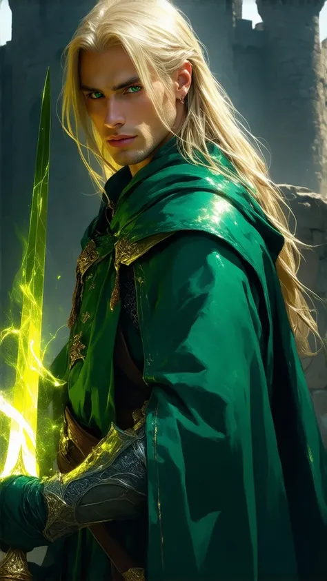 JOVEM VERGIL  (DEVIL MAY CRY)  WITH LONG BLOND HAIR AND AGE APPEARANCE,  freckles on the cheek,  EMERALD-LIKE, SHINY GREEN EYES , ELEGANT GREEN GARMENTS  (medieval) in a setting with a castle behind it.  Use a divine sword with a yellow ray that has the po...