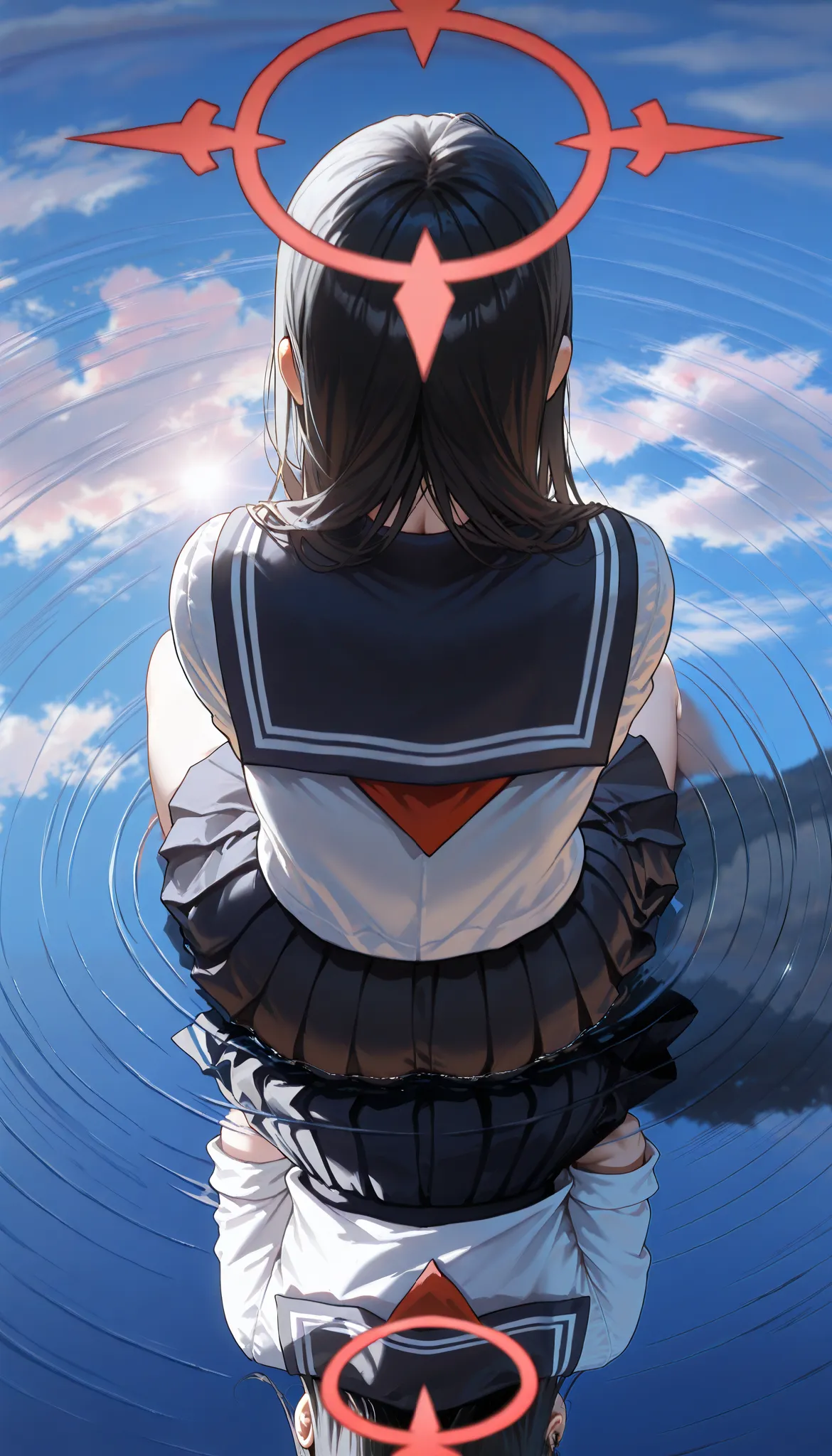 (view from above, masterpiece, best quality, amazing quality, very aesthetic, absurdres, newest, extremely high quality, very aesthetic, extremely detailed, anime, digital art), 1girl, ((back lying on a reflective surface reflecting the sky, contemplating,...