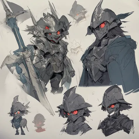 Sketches, antagonist anime character , Warrior robot made of blue metal,  with metallic trench coat , Spanish Conquistador helmet with crest,  with a metal mask,  red eyes, with a long sword and round shield,  fantasy style .