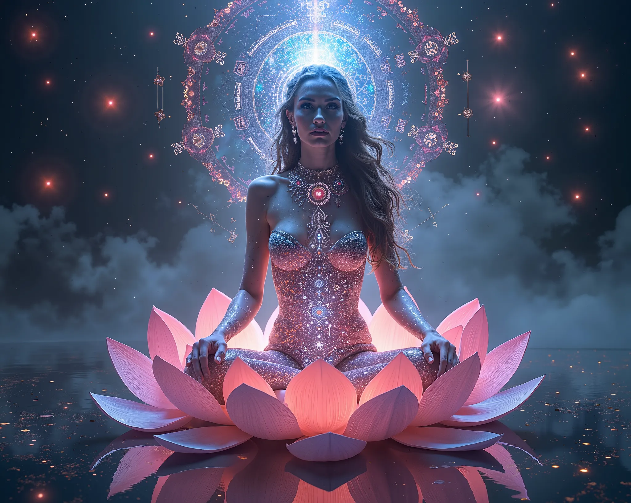 Portray a quantum priestess in a state of transcendental ecstasy, connected to all dimensions of time and space. Your body is a living screen of cosmic energy, with fractals of light and color that constantly transform into hypnotic patterns. She sits on a...