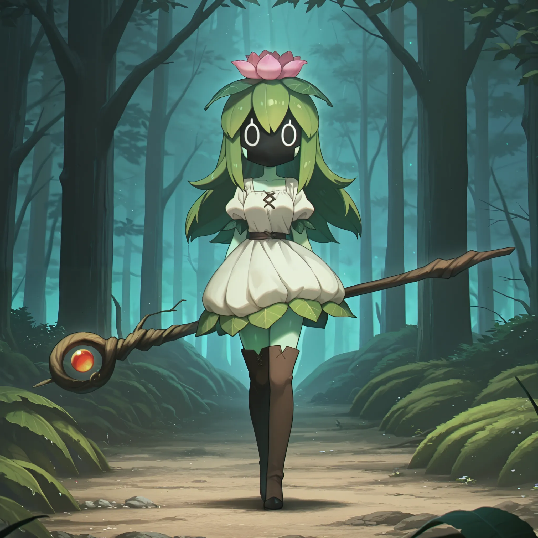 masterpiece, best quality, amazing quality, Anime Screencap. BREAK. solo, 1girl, plant girl, staff, green hair, holding, holding staff, mask, dress, full body, flower, short sleeves, thighhighs, monster girl, plant, puffy sleeves, long hair, standing, puff...