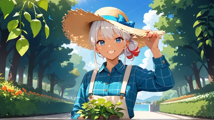 A super cute girl with white hair and blue eyes standing in a lush green garden, holding a freshly harvested radish with both hands and smiling brightly at the camera. She wears a checkered flannel shirt and a straw hat, giving her a charming and hardworki...