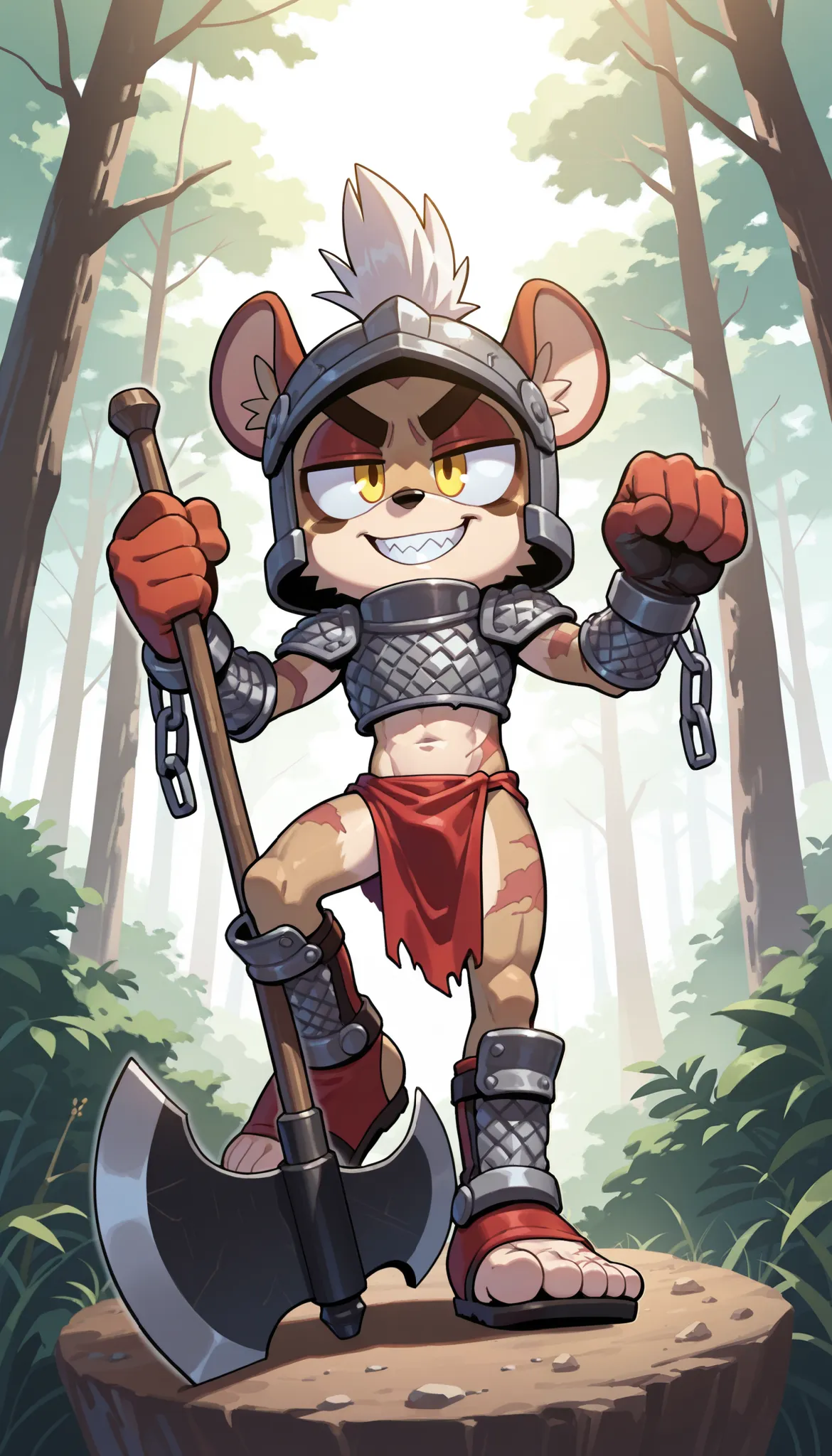 score_9, score_8_up, score_7_up, 1boy, solo, masterpiece, best quality, amazing quality, very aesthetic, absurdres, source furry, mobian hyena, spotted hyena, white hair, messy hair, mohawk hairstyle, yellow eyes, detailed body fur, ((chain-mail armor, red...