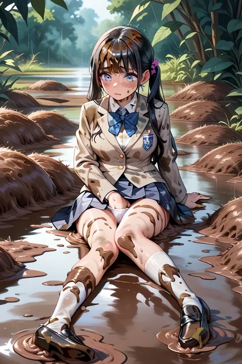 top quality,２ high school girls,(((muddy blazer uniform,Skirt covered in mud,muddy white high socks, muddy black loafers))),(((Covered in mud,Whole body dirt,The whole body is dirty ,The uniform is covered in mud,soaked))) Jungle, shy, black hair,rain, Mas...