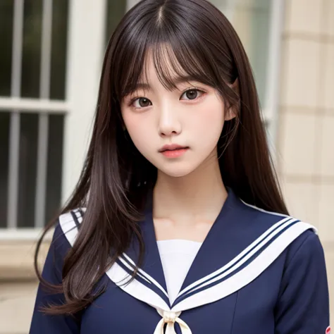 like an idol , long hair ,  straight hair  , round face , bust up ,  sailor suit ,  as pictured ,   high school 