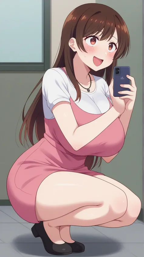 Chizuru, 1 girl, Alone , long_hair, looking_en_ spectator , blush,  smiling, blows, white_bottom, café_hair, shirt, café_eyes,  pink dress,  neckline , big breasts,  round,  round_hair, scanning_blows, black necklace,  blushed, full body,  Ahegao's face , ...