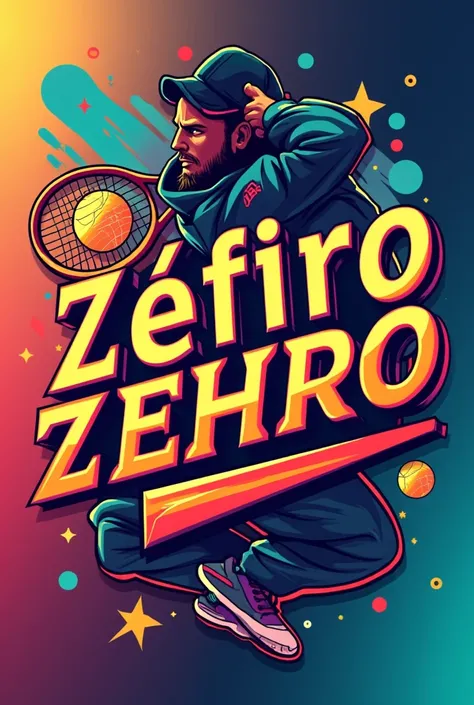 Create a logo for a clothing and tennis store called Zéfiro Shop, in bright colors where sports lettering and an image of a jacket appear