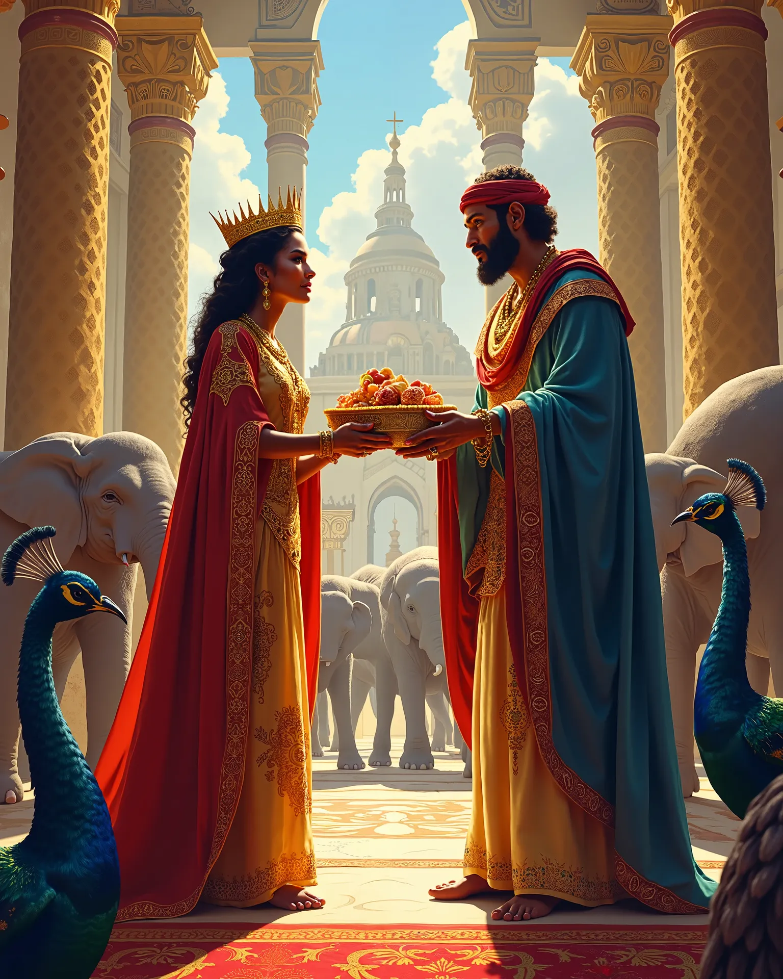 A vibrant illustration of the Queen of Sheba presenting gifts to King Solomon, marveling at the grandeur of his court, surrounded by golden decor and exotic animals.