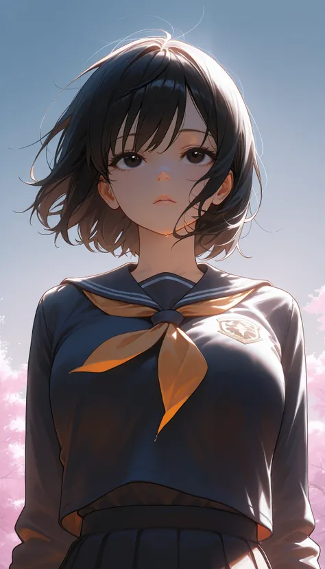 masterpiece, best quality, amazing quality, very aesthetic, absurdres, newest, extremely high quality, very aesthetic, extremely detailed, anime, digital art, 1girl, relaxed pose, melancholic atmosphere, girl with athletic body, short stylish black hair, d...