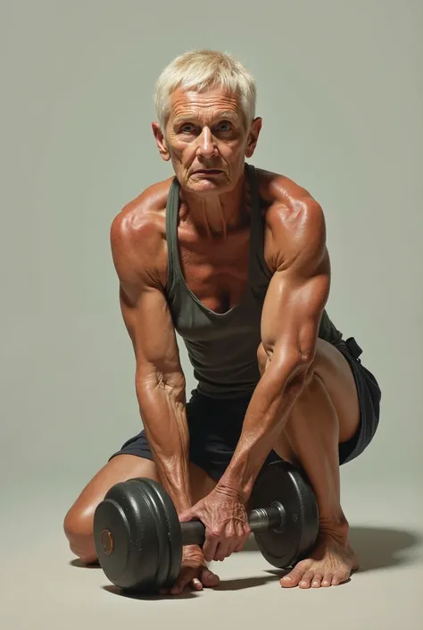  Elderly woman with strong arms and very short blond hair kneels barefoot and holds a dumbbell in her left hand 