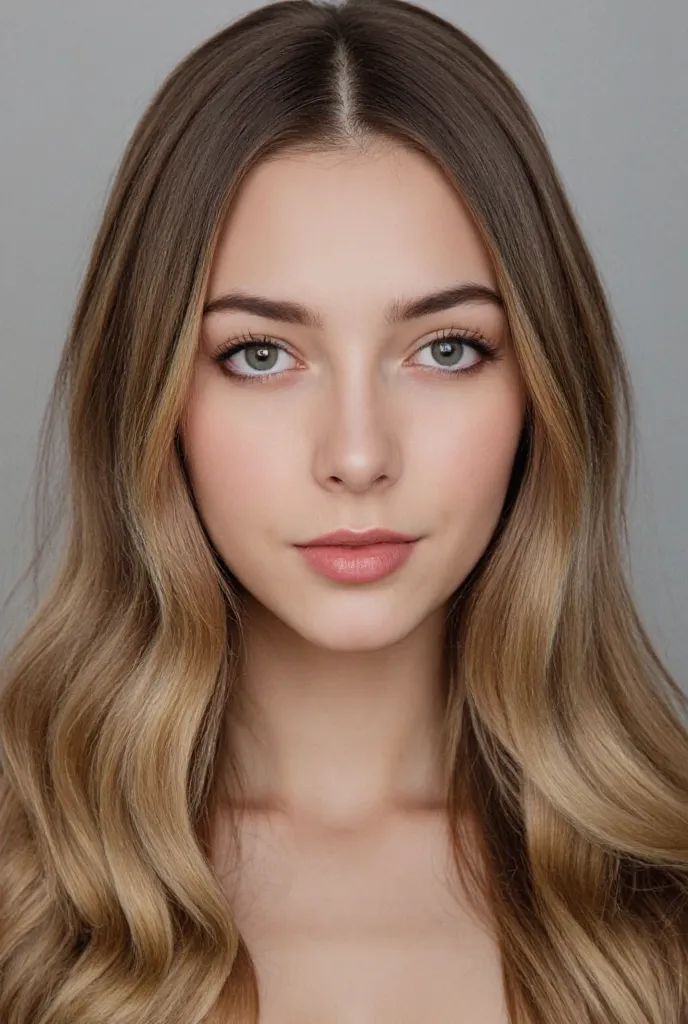 An ultrarealistic portrait of a young woman with a rounded face shape, dark brown almond-shaped eyes of a light grayish-blue tone, a button nose, and full, rosy lips.  Her hair is long, wavy and light brownish-blonde color. Her skin appears smooth and fair...