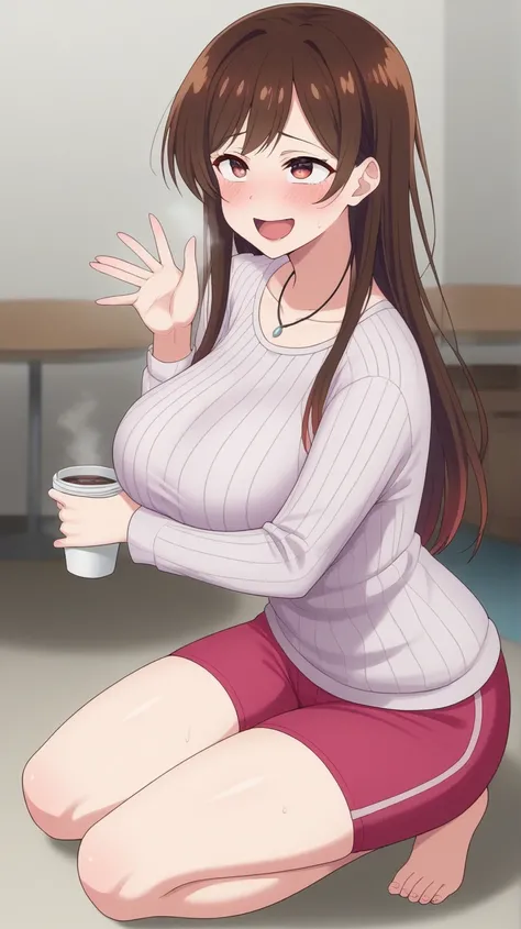 Chizuru, 1 girl, Alone , long_hair,  best quality,  masterpiece, looking_en_ spectator , blush,  smiling, blows, café_hair, café_eyes,  neckline ,  big breasts,  round,  round_hair, scanning_blows, black necklace,  blushed, full body,  Ahegao's face , the ...