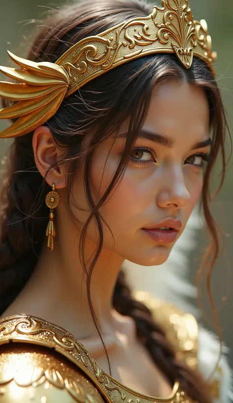 Beautiful angel woman with brown eyes, half-profile, golden headdress with feathers, golden armor, detailed, realistic, high contrast, soft light, 8k, high resolution.
Beautiful angel girl with brown eyes, half-profile, golden headdress with feathers, gold...