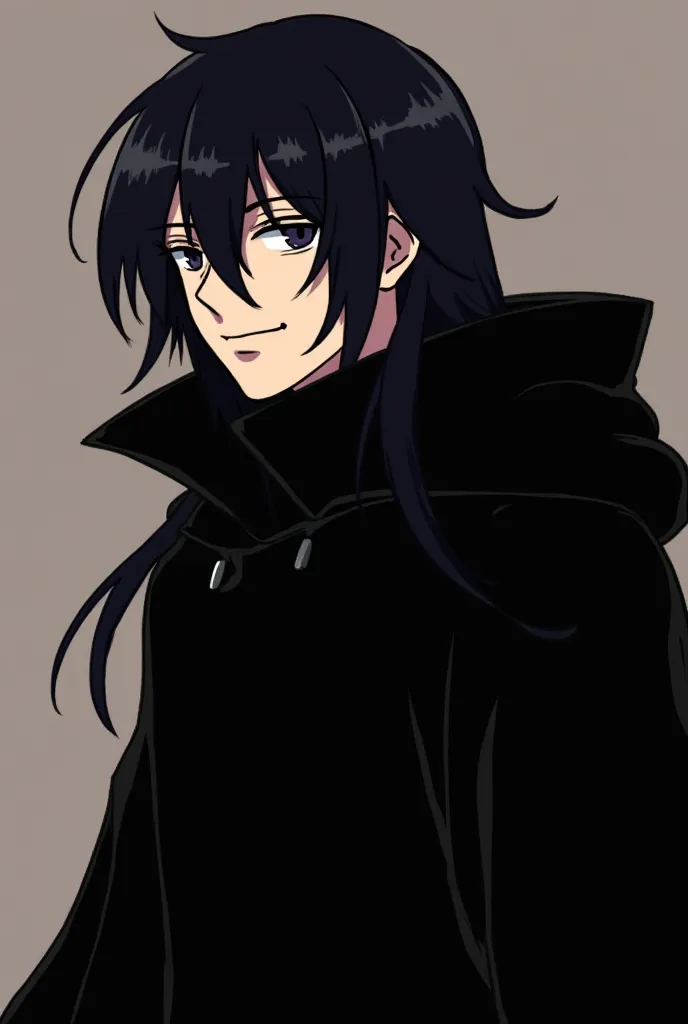 Tokyo Revengers Anime style, Yukio wears a long black coat, similar to a cloak of a religious leader, e tem cabelos longos e escuros. His face always displays a gentle smile, but his eyes are empty and emotionless, as if he had already transcended any huma...