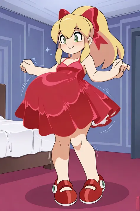 masterpiece, best quality, amazing quality, very aesthetic, absurdres, solo, full body, toon \(style\), red flats, red flat shoes, solo, red dress, hyper pregnancy, red bow, smile, happy, dancing, closed-eyes, belly shaking, bedroom, ncnk, roll \(mega man\...