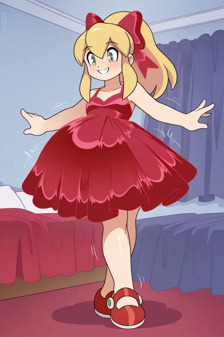 masterpiece, best quality, amazing quality, very aesthetic, absurdres, solo, full body, toon \(style\), red flats, red flat shoes, solo, red dress, hyper pregnancy, red bow, smile, happy, dancing, closed-eyes, belly shaking, bedroom, ncnk, roll \(mega man\...