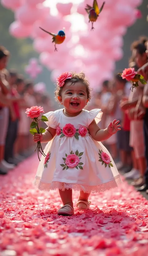 A  baby, dressed as Santa Teresinha in a white dress adorned with rose patterns and a small bouquet of roses in her hand, walks down a runway covered in rose petals. Small, colorful birds fly around her, some carrying tiny roses in their beaks. The lightin...