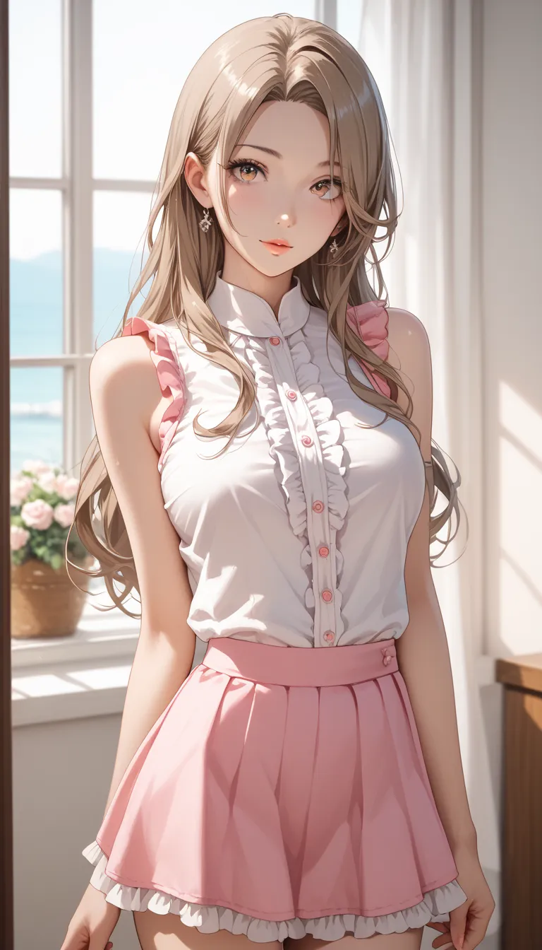 best quality, absurdres, わきDownを見せない, Down,  No Background,  becomes transparent when you stare at it {x}, PE, front view, cowboy shot,  perfect beautiful face, Beautiful breasts,  Read more, slim, lightbrown long hair, parted bangs, sleeveless shirt, pink...