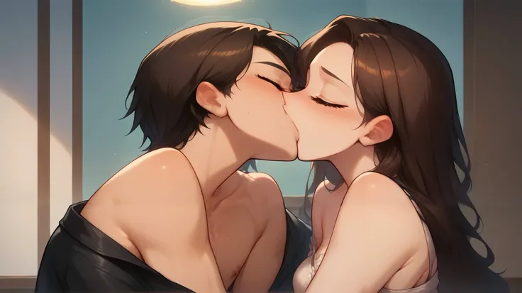 Young boy wearing a black leather jacket pulled off his shoulders kissing and making out with a sexy woman with long wavy black brown hair wearing an unbuttoned black shirt pulled off her shoulders showcasing her black lacy bra and jeans in a secluded corn...
