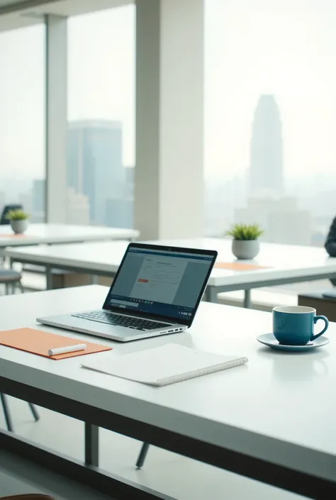 "An ultra-realistic 4K background image in a landscape ratio for a consultancy website header. A modern and professional workspace featuring a sleek, minimalistic design. The color palette includes #e28743 (warm orange), #154c79 (deep blue), white, and gre...
