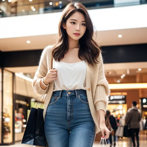 32-year-old woman enjoying shopping at shopping malls。beige cardigan creates a relaxed, mature vibe、denim skinny emphasizes a firm hip line。thick lips and medium short hair bring out sophisticated femininity。