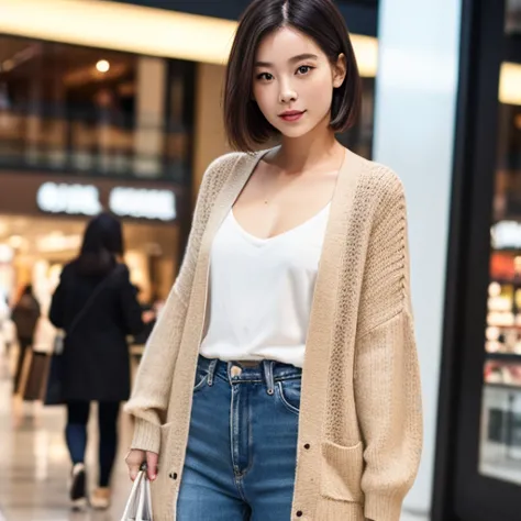 32-year-old woman enjoying shopping at shopping malls。beige cardigan creates a relaxed, mature vibe、denim skinny emphasizes a firm hip line。thick lips and medium short hair bring out sophisticated femininity。