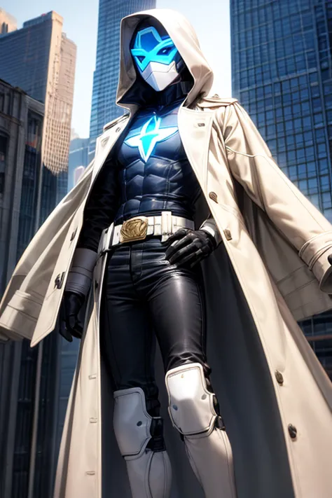 ((best quality)), ((masterpiece)), (detailed), 1 boy in a trench coat standing on a building, 19 years old, masked, white mask covering his entire head and hair, 3d glasses, blue eyes, face mask, no hair, tall and slender, long beige trench coat, open tren...