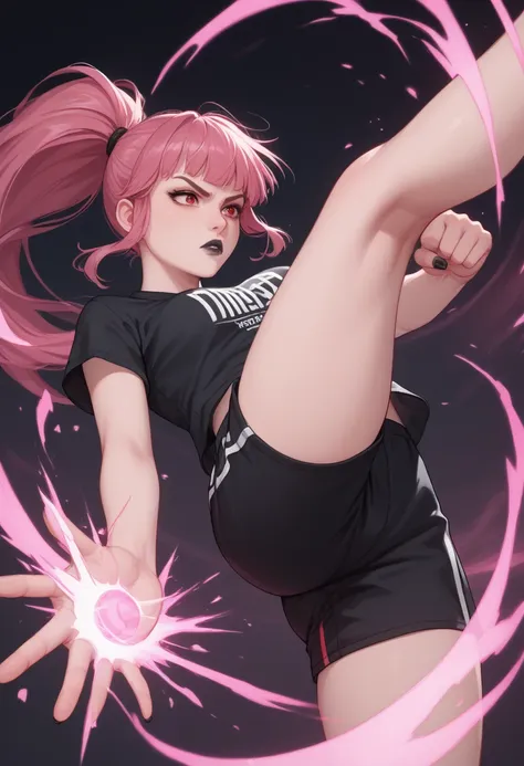 Girl with pink skin, pink skin color, dark pink hair, ponytail hair, ponytail with bangs, black lipstick, Red eyes, Black nails, black t-shirt, Black clothes, legging shorts, pink Energy, pink aura, surrounded by energy, powering up, serious, serious look,...