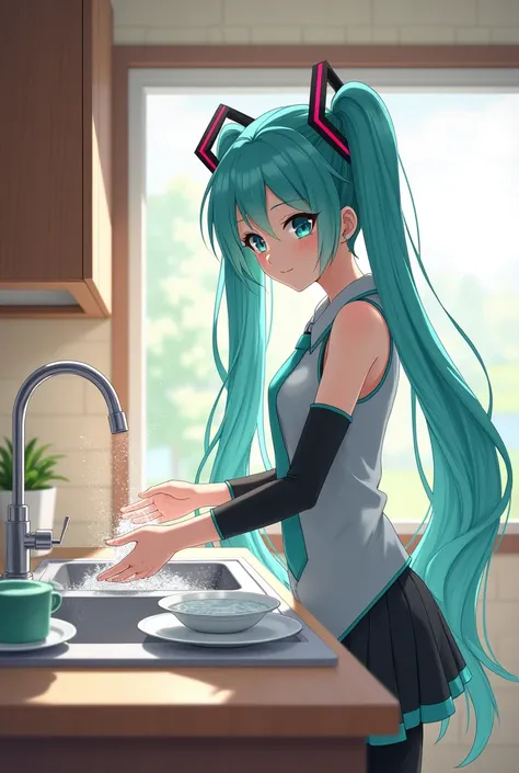 Hatsune Miku doing the dishes 