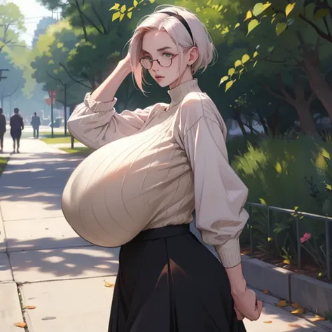 realistic:1.2), skinny girl, nervously walking, looking over shoulder,  (gigantic breasts:1.4), hairband, hair tucked behind ears, park, anxious exotession, glasses, jumper, skirt, shocked strangers