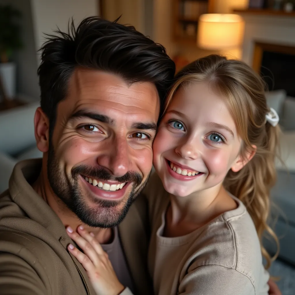 UHD super detailed ultra realistic man 30 years old dark brown hair and brown eyes with his  blond blue-eyed daughter taking a first-person selfie in the living room