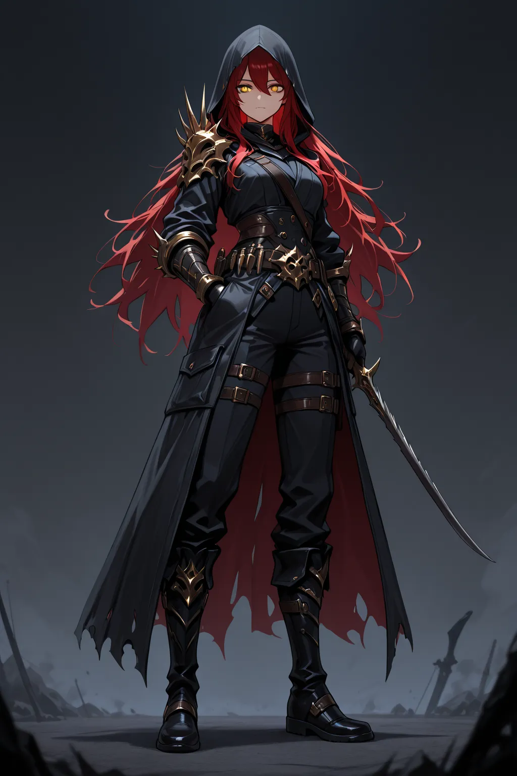  1 girl,  golden eyes, red hair top ,  very long red hair  , Cool,  beautiful, black pants with pockets on the sides, black boots with straps, assassin clothes, two black daggers in the hands, black sawtooth dagger, mysterious atmosphere, in the background...