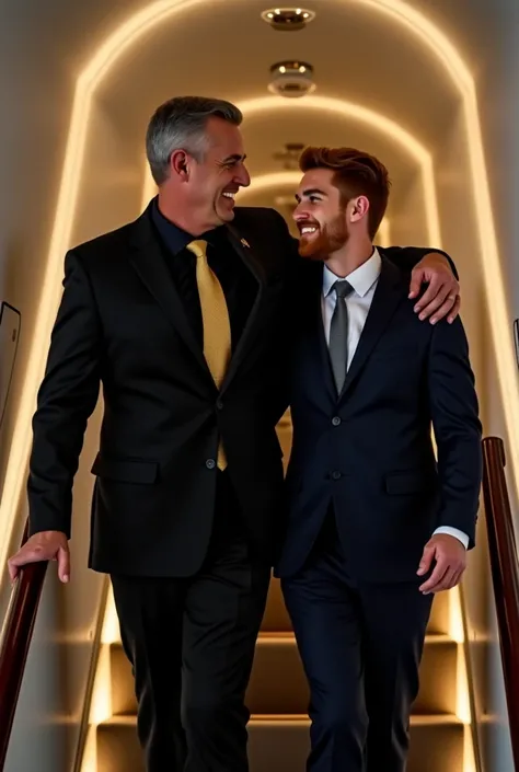 Tall and muscular middle-aged Arab man with slightly gray hair wearing a black suit with a black shirt and gold silk tie holding his now husband, a young and muscular white man, Red-haired man with a trimmed beard , dressed in a dark blue two-piece suit wi...