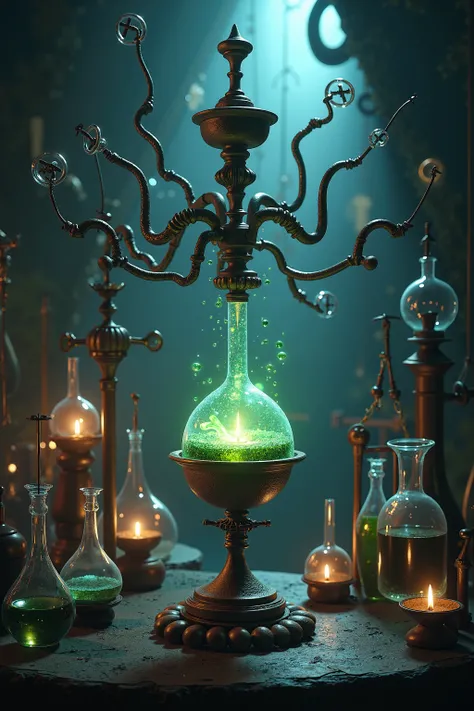 
arafed image, A surreal image of (dark magic), (chalice), Alena Aenami's  some tools of Laboratory glassware connected Together with magical liquid inside, (intricate details), (highly detailed), 8k hdr, highly detailed, a lot of details, high quality, fa...