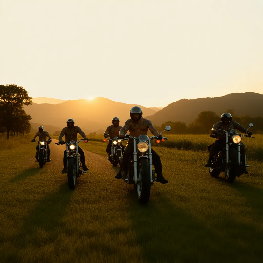 a serene countryside road at sunset, a group of shirtless huge muscular middle-age men from various races having road trip on harley davidson bikes, they wore skin-tight leather pants, long boots, and leather helmets. there are lots of tattooes on their bo...