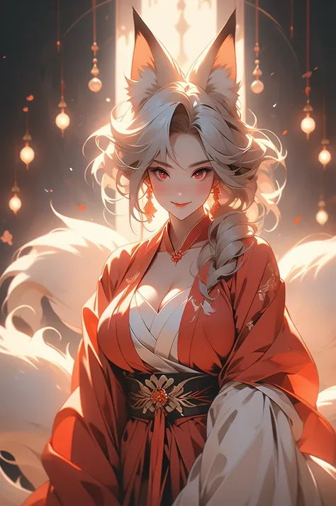 1girl, tall and giant stature, muscular, wide hips, red eyes, fox ears, fox tails, multiple tails, kimono, cleavage, evil smile, looking down at viewer, dark background