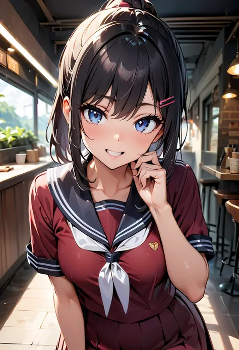 Commemorative photo of a girl ,  1 girl,   black hair, chiponytail，  hair clip,   girl,  uniform ,  sailor suit, Cafe:1.2, , Coffee cup in hand:1.4,  cheeky face, mouths slightly open,  light and shadow with great attention to detail,   Background Blur :1....