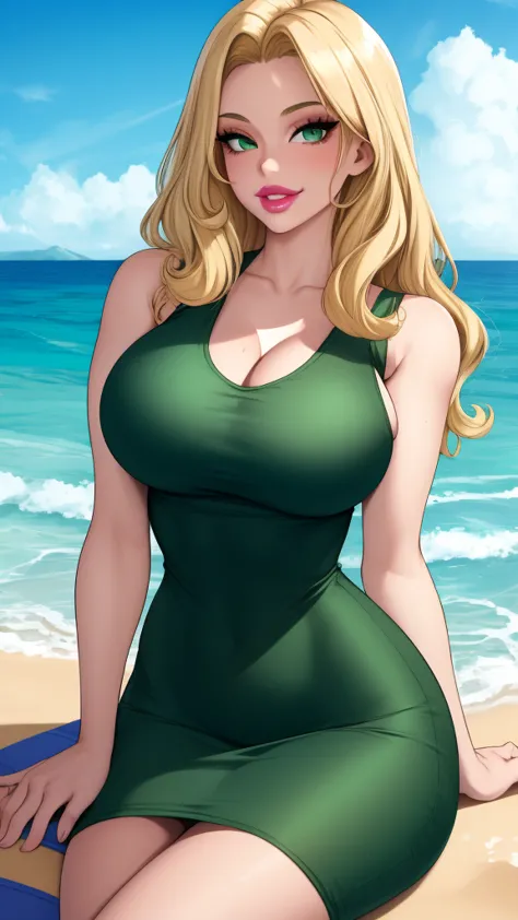 curvy girl, medium blonde wavy hair, sidelocks (parted bangs), light skin, round face, green eyes, pink lipstick (bimbo lips), light smile, (plump waist:0.7), emerald tank top (sleeveless, v neck), big breasts ((huge breasts:0.7)), emerald pencil skirt (th...