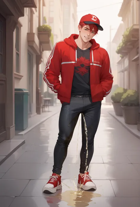 LiaqN.Red haired man.Handsome.Wearing a red hoodie cap black skinny Hi Top Sneakers.He couldn't hold his pee. There is a large pee wet spot on his crotch.Pee stain on his pants.Pee wet spot on his crotch.He is ashamed of peeing himself