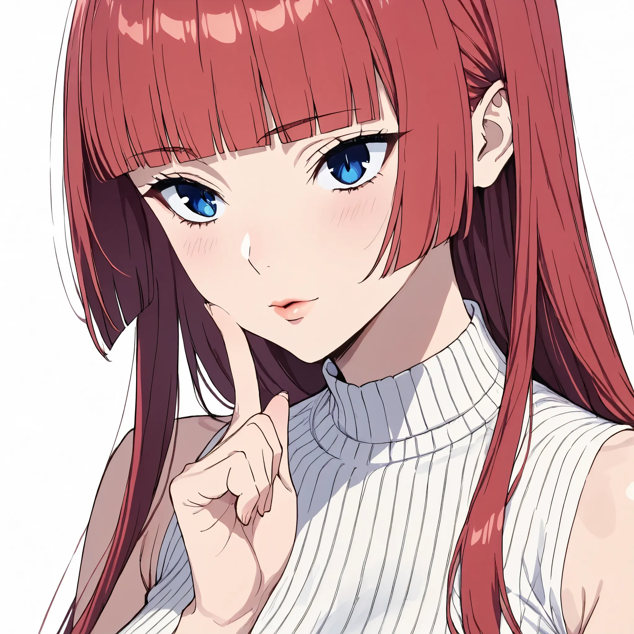 、、 upper body、Red hair heroine、1girl  ,Red hair heroine face、 adult female, blue eyes、Sleeveless ribbed shirt
Straight hair,Long hair ,Red Hair, blunt bangs,Sharp Eyes, blue eyes, white background、light blush, light pinck lips